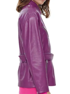 Womens Asymmetrical Peplum Purple Leather Jacket Side