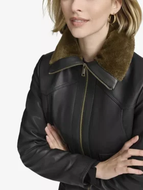 Womens Aviator Black Bomber Leather Jacket Fur Collar