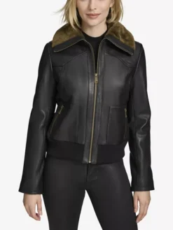 Womens Aviator Black Bomber Leather Jacket Main