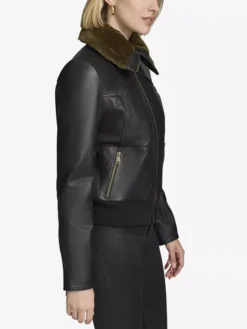 Womens Aviator Black Bomber Leather Jacket Side