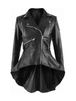 Womens Black Peplum Leather Jacket Main