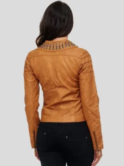 Womens Brown Studded Biker Leather Jacket Back