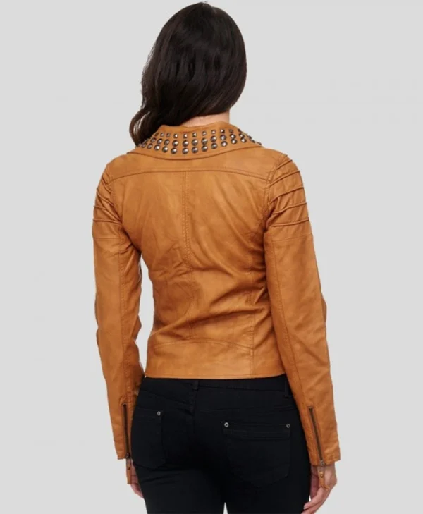 Womens Brown Studded Biker Leather Jacket Back