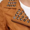 Womens Brown Studded Biker Leather Jacket Collar