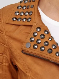 Womens Brown Studded Biker Leather Jacket Collar