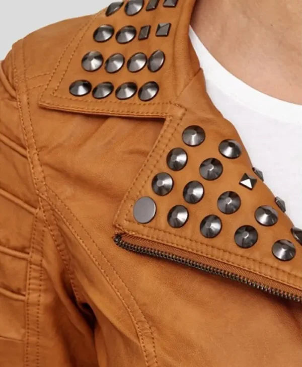 Womens Brown Studded Biker Leather Jacket Collar