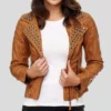 Womens Brown Studded Biker Leather Jacket Main