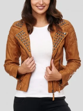 Womens Brown Studded Biker Leather Jacket Main
