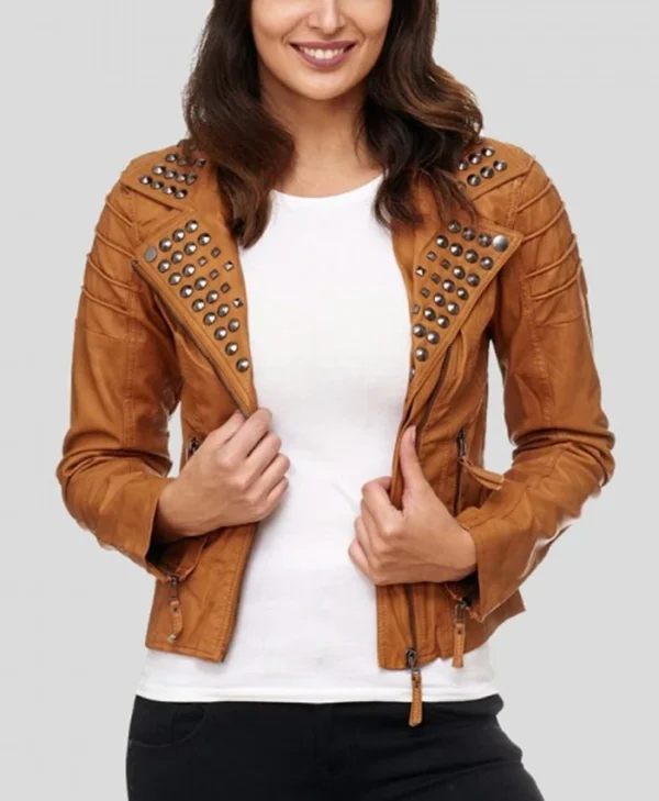 Womens Brown Studded Biker Leather Jacket Main