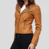 Womens Brown Studded Biker Leather Jacket Side
