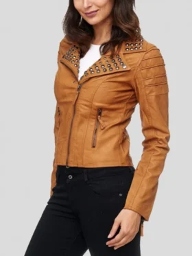 Womens Brown Studded Biker Leather Jacket Side