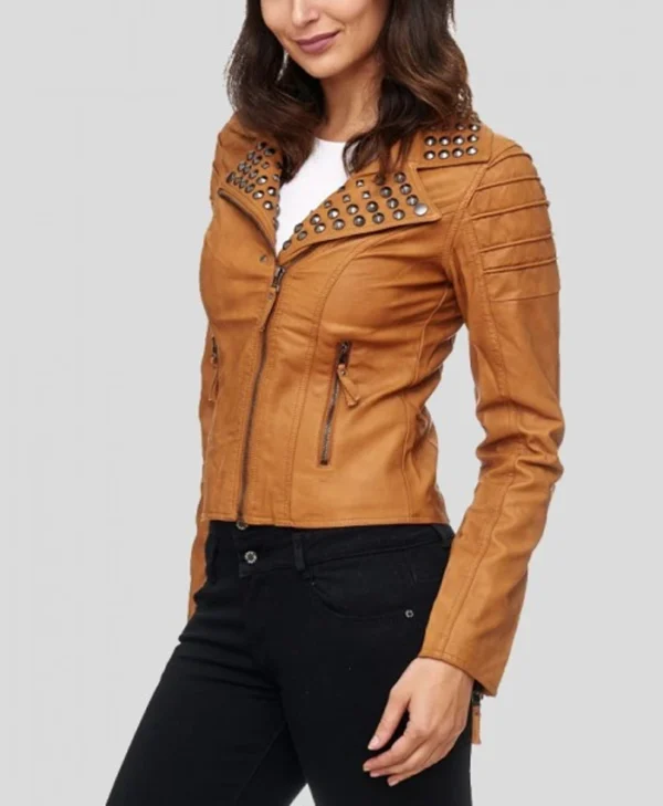 Womens Brown Studded Biker Leather Jacket Side