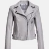 Womens Grey Leather Biker Jacket Front
