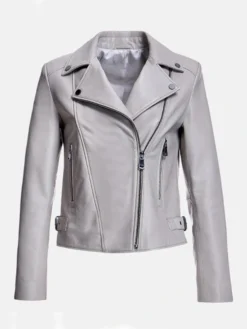 Womens Grey Leather Biker Jacket Front