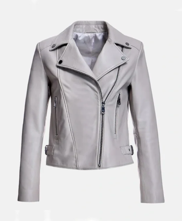Womens Grey Leather Biker Jacket Front