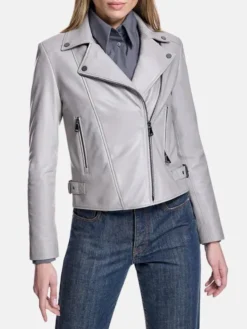 Womens Grey Leather Biker Jacket Main