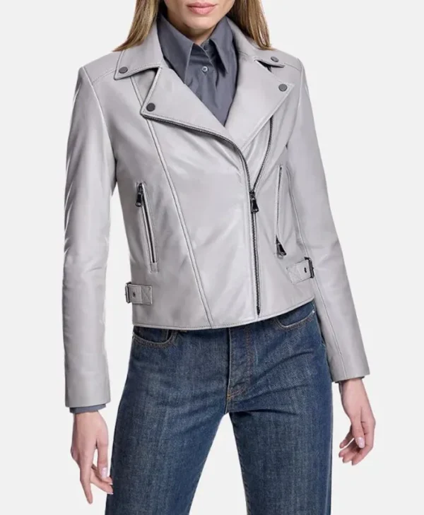 Womens Grey Leather Biker Jacket Main