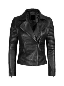 Womens Leather Biker Jacket Black Front