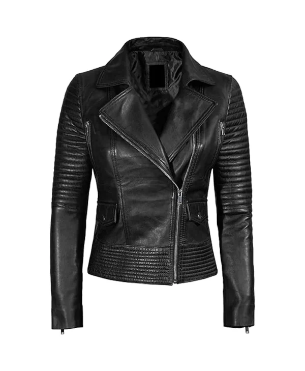Womens Leather Biker Jacket Black Front