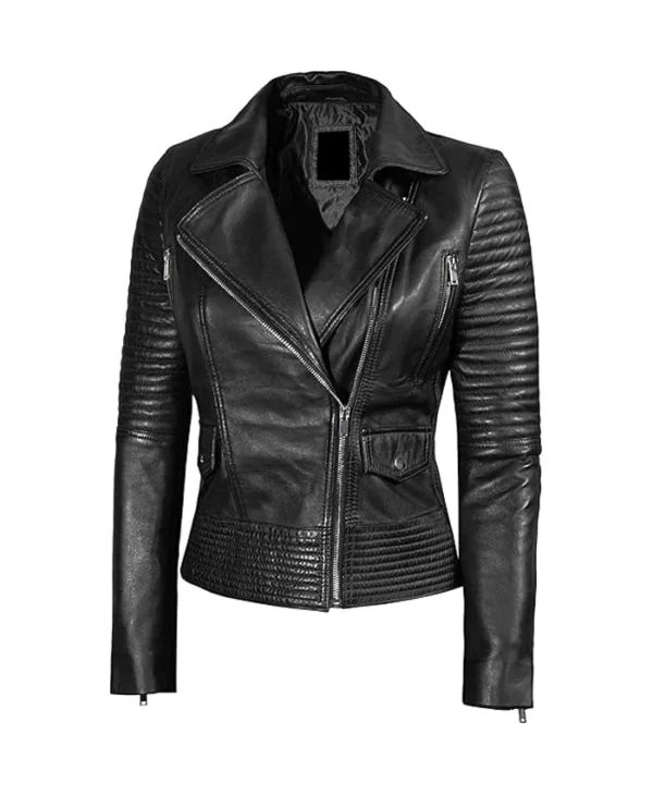 Womens Leather Biker Jacket Black Main