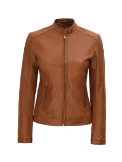 Womens Leather Biker Jacket Brown Main