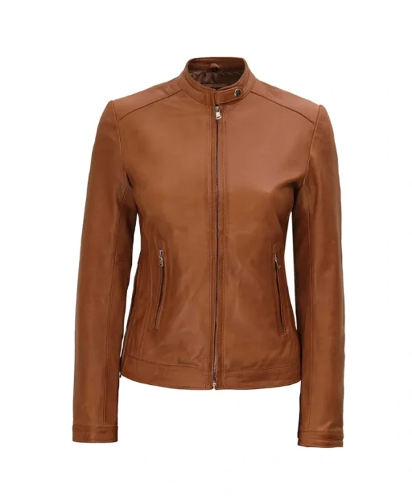 Womens Leather Biker Jacket Brown Main