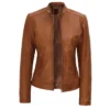 Womens Leather Biker Jacket Brown Zipper