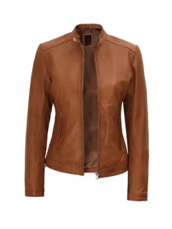Womens Leather Biker Jacket Brown Zipper