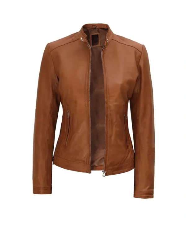 Womens Leather Biker Jacket Brown Zipper