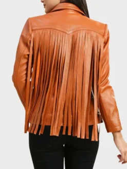 Women’s Leather Brown Fringe Jacket Back
