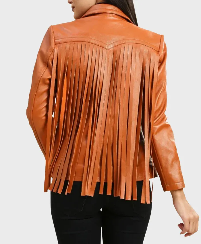 Women’s Leather Brown Fringe Jacket Back