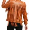 Womens Leather Brown Fringe Jacket Back