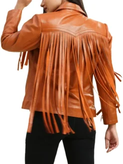 Womens Leather Brown Fringe Jacket Back