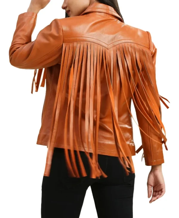 Womens Leather Brown Fringe Jacket Back