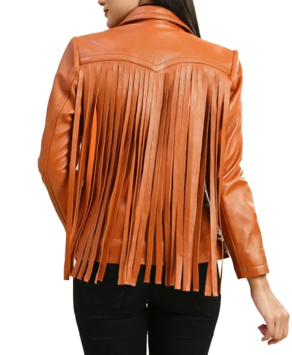 Womens Leather Brown Fringe Jacket Back Style