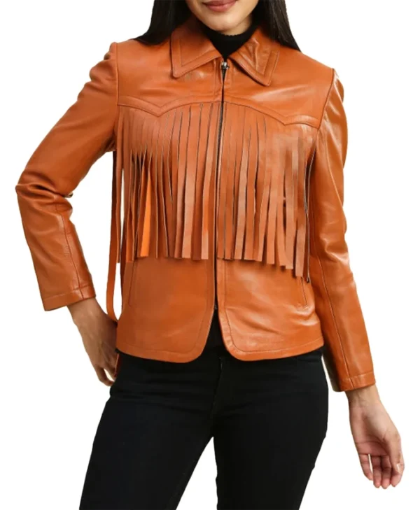 Womens Leather Brown Fringe Jacket Main