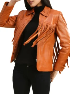 Womens Leather Brown Fringe Jacket Seeing