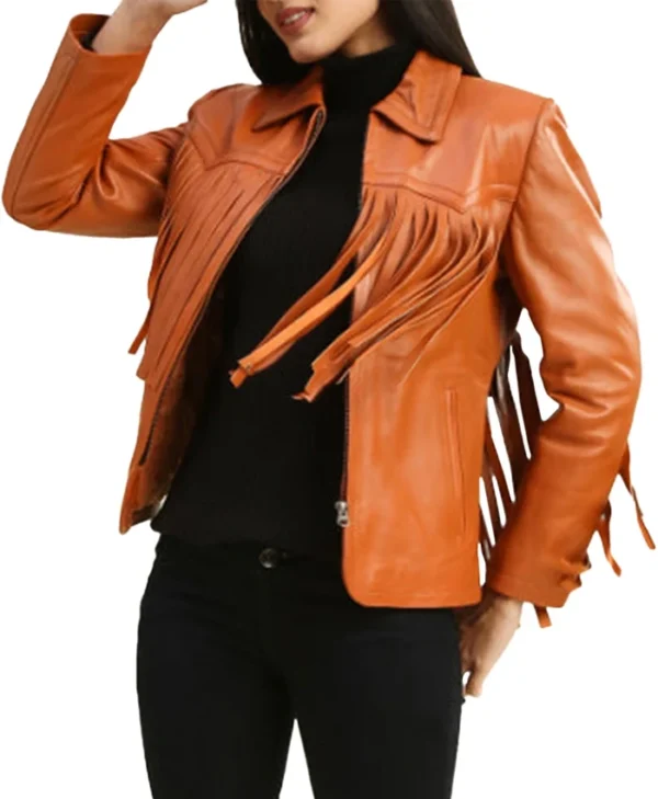 Womens Leather Brown Fringe Jacket Seeing