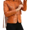 Womens Leather Brown Fringe Jacket Sleeves