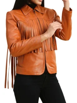 Womens Leather Brown Fringe Jacket Sleeves