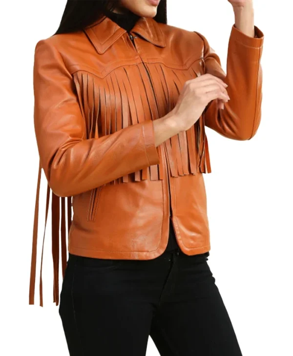 Womens Leather Brown Fringe Jacket Sleeves