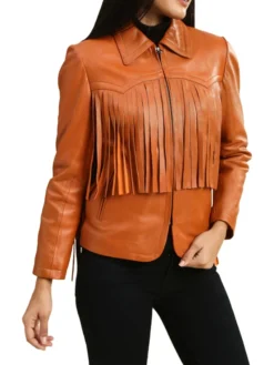 Womens Leather Brown Fringe Jacket Style