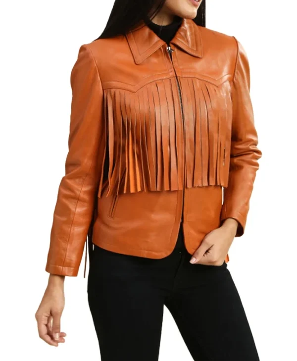 Womens Leather Brown Fringe Jacket Style
