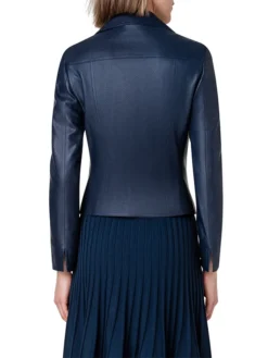 Womens Navy Blue Leather Biker Jacket Back
