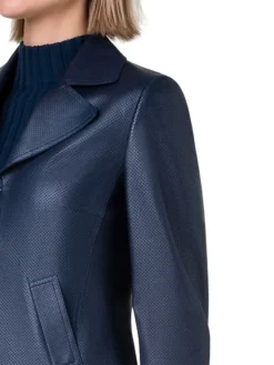 Womens Navy Blue Leather Biker Jacket Collar