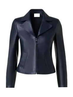 Womens Navy Blue Leather Biker Jacket Main