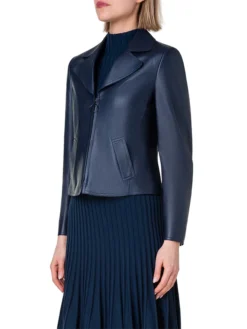 Womens Navy Blue Leather Biker Jacket Side