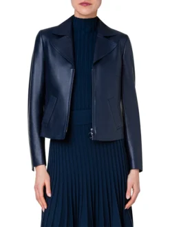 Womens Navy Blue Leather Biker Jacket Zipper