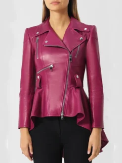 Womens Pink Peplum Leather Jacket Front