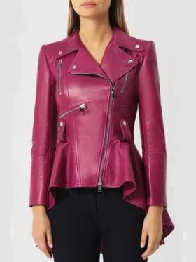 Womens Pink Peplum Leather Jacket Front